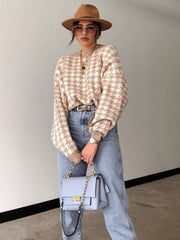 Full Size Houndstooth Pattern Oversized Sweater Plus Size