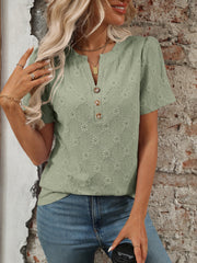 Casual Eyelet Notched Short Sleeve Shirt