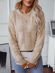 Checkered Round Neck Long Sleeve Sweater Moni Wear