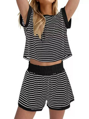 Full Size Striped Round Neck Top and Shorts Set Plus Size