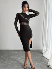 Lace Mock Neck Slit Dress
