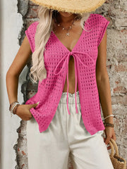 Tied Front Openwork V-Neck Knit Top
