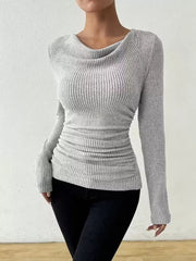 Cowl Neck Long Sleeve Ribbed Top