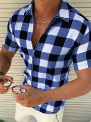 Men's Plus Size Plaid Zip Up Short Sleeve Shirt