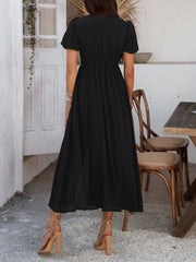 Devine V-Neck Puff Short Sleeve Midi Dress