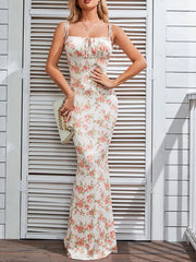 Floral Print Strappy Bodycon Maxi Dress
