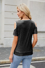 Sequin Crisscross V-Neck Cold Shoulder Blouse