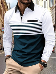 Men's Full Size Collared Neck Long Sleeve Striped Polo Plus Size