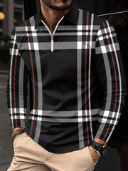 Men's Full Size Plaid Zip Collar Long Sleeve Polo Plus Size