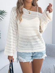 Openwork Boat Neck Long Sleeve Knit Cover Up