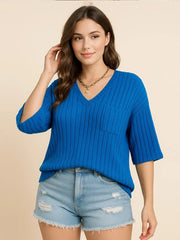 Plus Size V-Neck Ribbed Knit T-Shirt