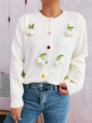 Floral knit button-front long sleeve cardigan
