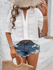 Eyelet Notched Flounce Sleeve Blouse
