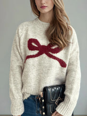 Bow Detail Round Neck Long Sleeve Knit Sweater