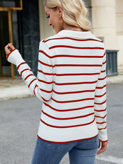 Women's Preppy Striped Knit Sweater with Johnny Collar �Long Sleeve Pullover