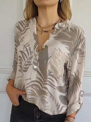Full Size Printed Button Detail Long Sleeve Blouse Plus Size