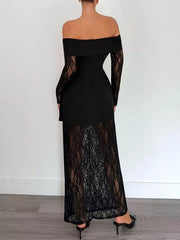 Off-Shoulder Lace Long Sleeve Maxi Dress