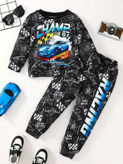 Children's Racing Car Print Long Sleeve Sweatshirt and Pants Set