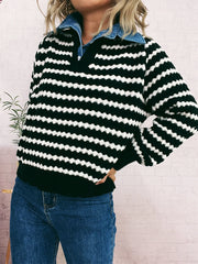 Contrast Striped Sweater with Denim Collar