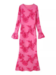 Floral Flounce Sleeve Round Neck Dress
