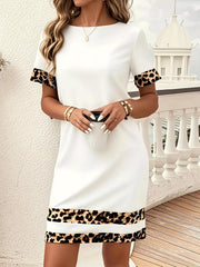 Full Size Leopard Trim Round Neck Mini Dress Plus Size