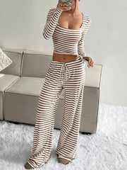 Striped Long Sleeve Crop Top & Wide Leg Pants Set