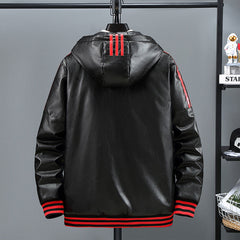Winter Three Bars Hooded Leather Coat Men