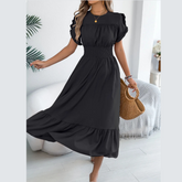 Smocked Frill Round Neck Midi Dress