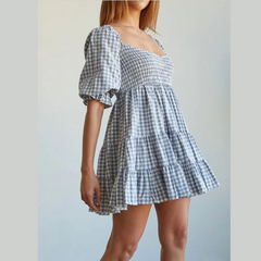 Ruffled Hem Plaid Half Sleeve Mini Dress