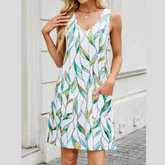 Printed V-Neck Sleeveless Mini Dress with Pockets