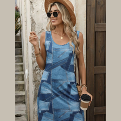 Patchwork Scoop Neck Denim Tank Dress