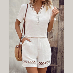 V Neck Short Sleeve Top and Shorts Set