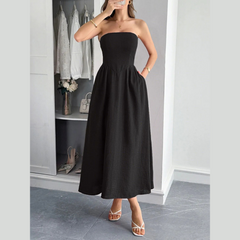 Strapless A-Line Midi Dress with Pockets