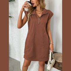 Texture Half Zip Cap Sleeve Mini Dress