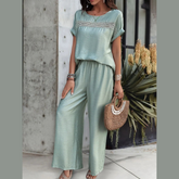 Round Neck Short Sleeve Top and Pants Set