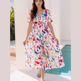Abstract Print Short Puff Sleeve Tiered Maxi Dress