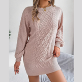 Diamond Cable Knit Sweater Dress with Long Sleeves