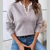 Lace Trim Notched Long Sleeve Sweater