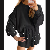 Pearl Embellished Round Neck Top and Skort Set