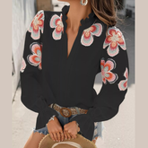 Floral Embroidered Notched Long Sleeve Blouse