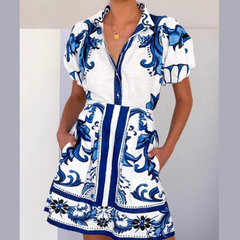 Printed Puff Sleeve Top and Skirt Set