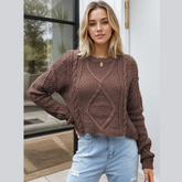Cable-Knit Round Neck Dropped Shoulder Sweater