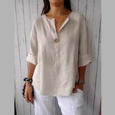 Full Size Linen Blend Notched Blouse Plus Size