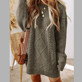 Round Neck Cable Knit Mini Sweater Dress