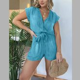 Full Size Tie Waist Cap Sleeve Denim Romper Plus Size