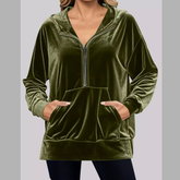 Full Size Velvet Half Zip Hoodie with Kangaroo Pocket Plus Size