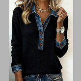 Full Size Denim Trim Button Front Ribbed Knit Top Plus Size