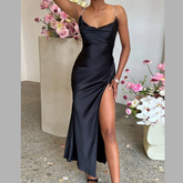 Slinky Satin Cowl Neck High Slit Dress with Back Lace Up