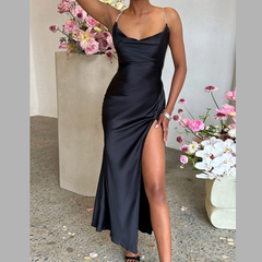 Slinky Satin Cowl Neck High Slit Dress with Back Lace Up