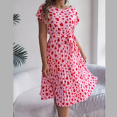 Heart Print Belted Pleated Midi Dress
